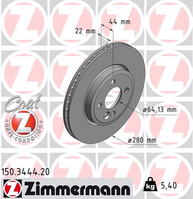Zimmermann Coat Z Front Brake Disc (1) for MINI  Cooper Base Model  (280 x 22 mm)   PN: 34 11 6 858 651    150 3444 20